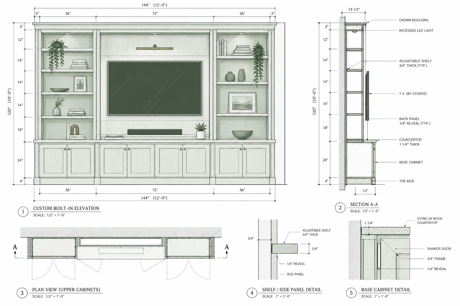 Built-in media wall elevation with shelving and cabinetry, a plan view, side section and joinery details.