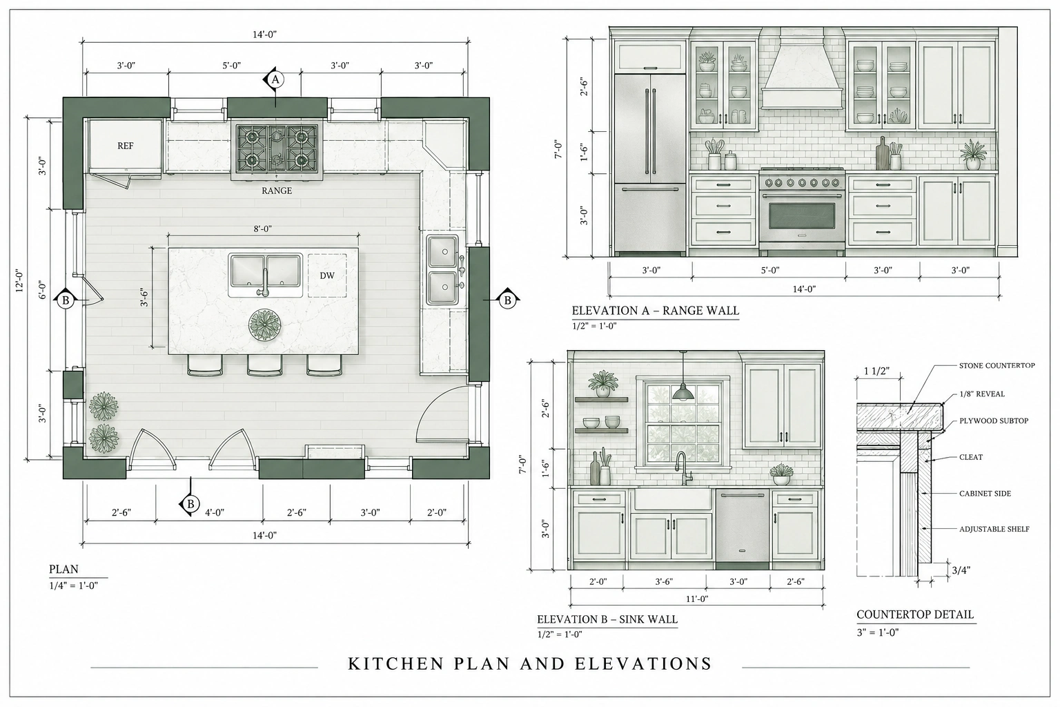Kitchen plan with an island, range-wall and sink-wall elevations, dimensions and countertop detail.