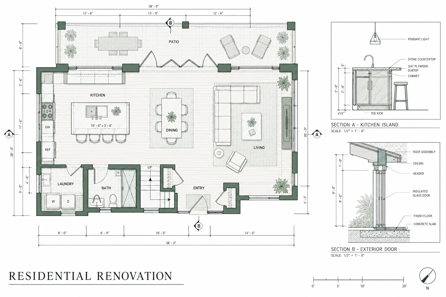 Residential floor plan showing kitchen, dining, living areas and patio, with island and exterior-door sections.
